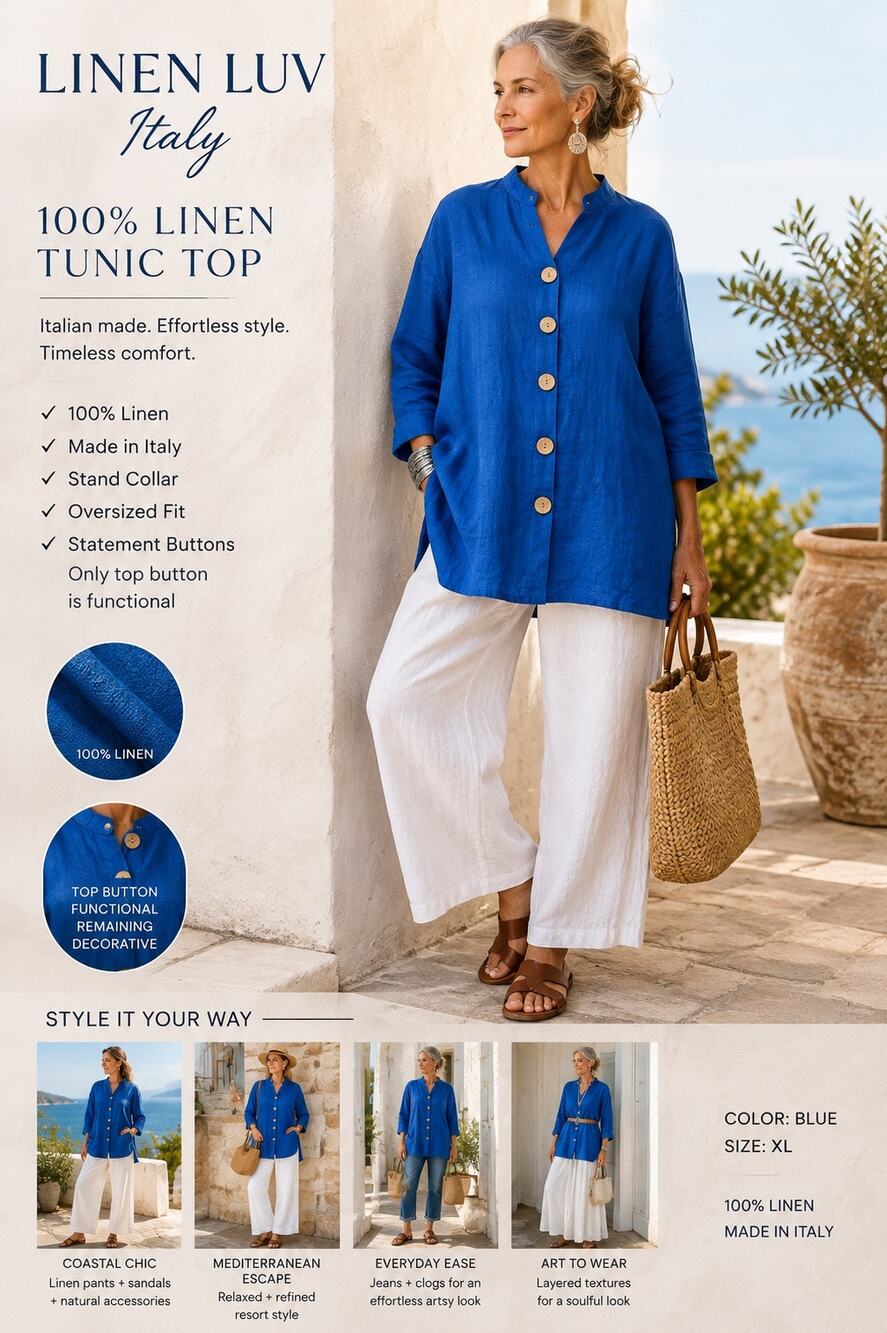 Linen Luv Italy 100% Linen Blue Tunic Top Sz XL Lagenlook Coastal Oversized